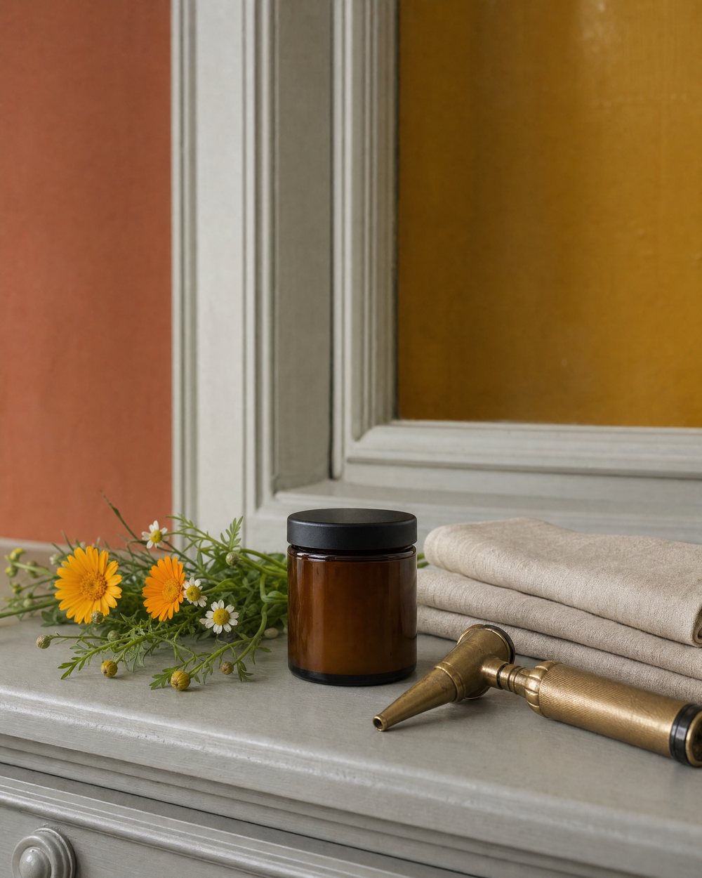 A jar of botanical balm beside calendula flowers