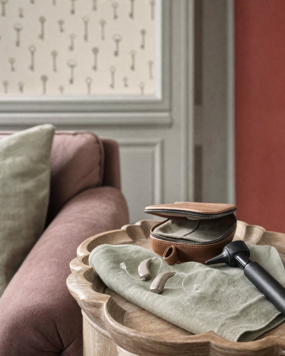 Hearing technology and an otoscope resting on a folded sage cloth beside a pink sofa